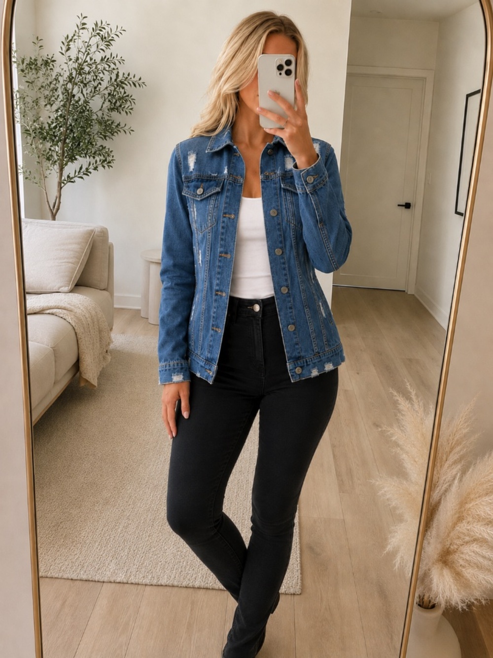 NWT Medium Wash Longline Jean Jacket Distressed Small